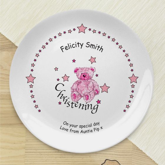 Teddy & Stars Pink Christening 8Coupe Plate