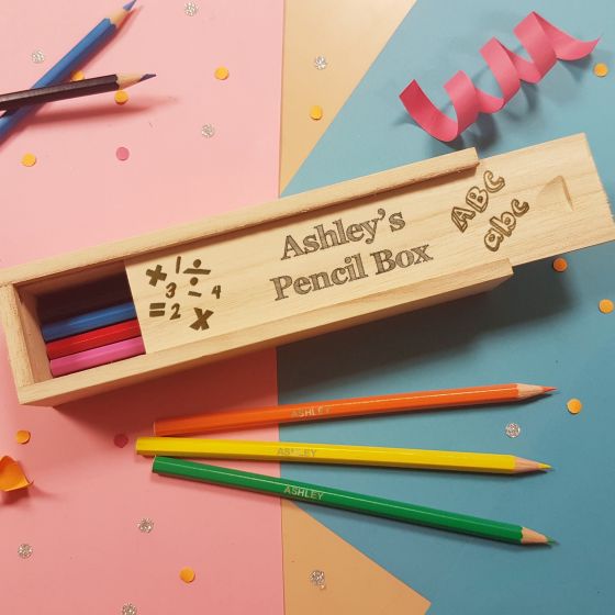 Back to School Wooden Box Sliding Lid & 12 Pencils