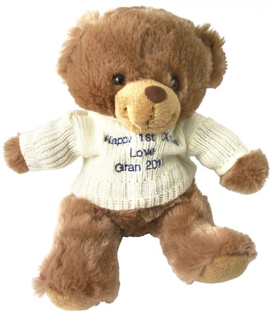 Brown Teddy Bear with Embroidered Cream Jumper