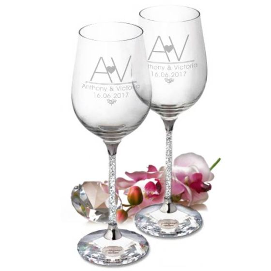 Initial Heart Diamante Wine Glasses
