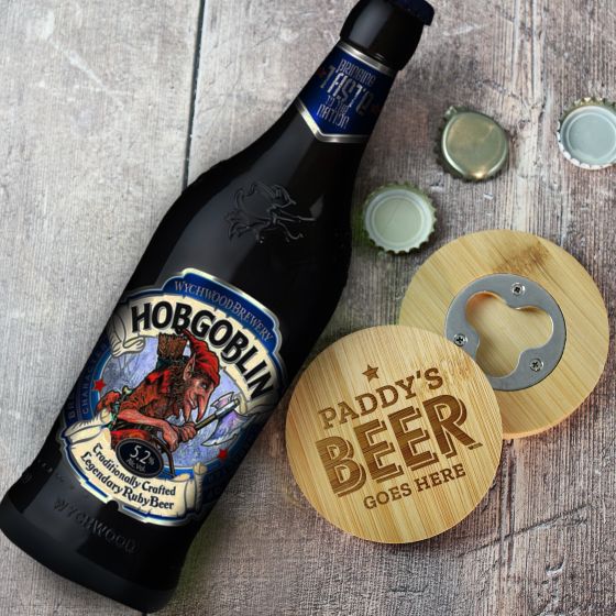 Personalised Beer Goes Here Bamboo Bottle Opener Coaster and Ale Gift Set